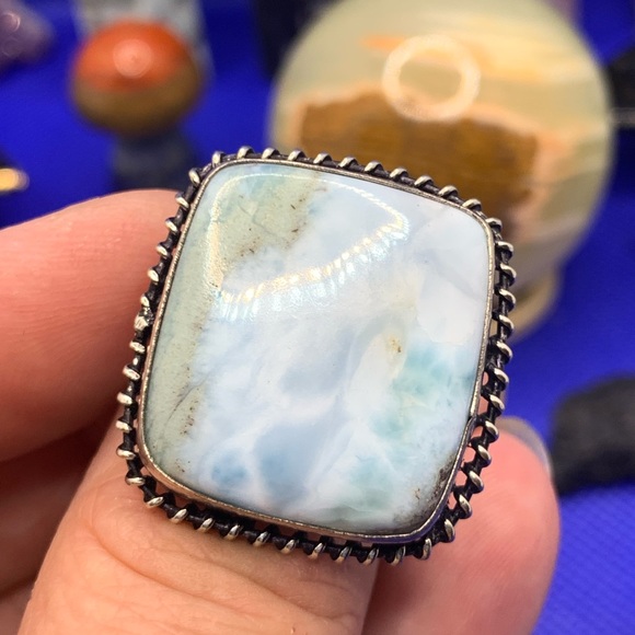 Comfort Curl ADJUSTABLE Big Square Larimar Ring! .925 Sterling Silver Overlay! - Picture 14 of 15